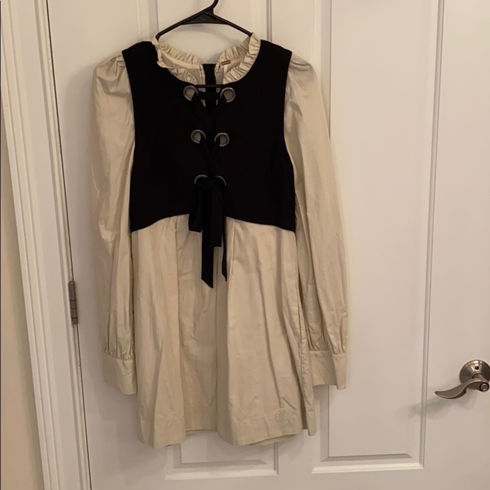 Cream and Black Two-Tone Lace-Up Mini Dress